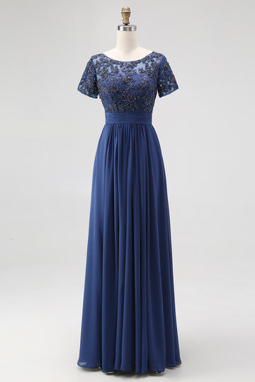 Navy Boat Neck A-Line Lace Appliques Long Mother Of the Bride Dress